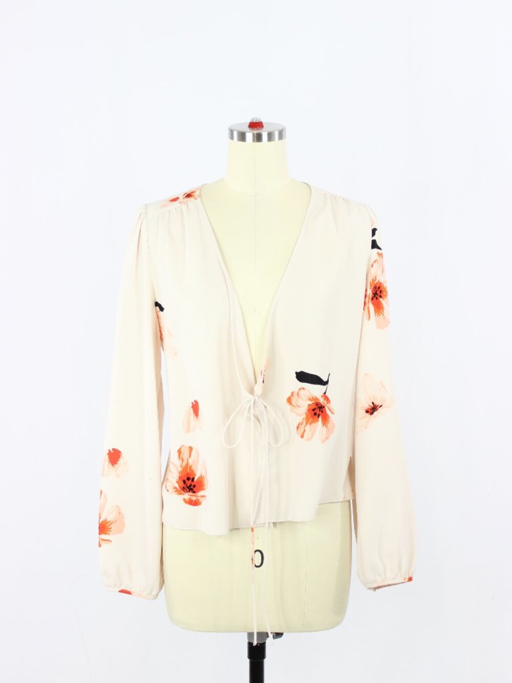 Aritzia WILFRED Lilia Light Pink Floral Crepe Open Front Tie Blouse, Size S